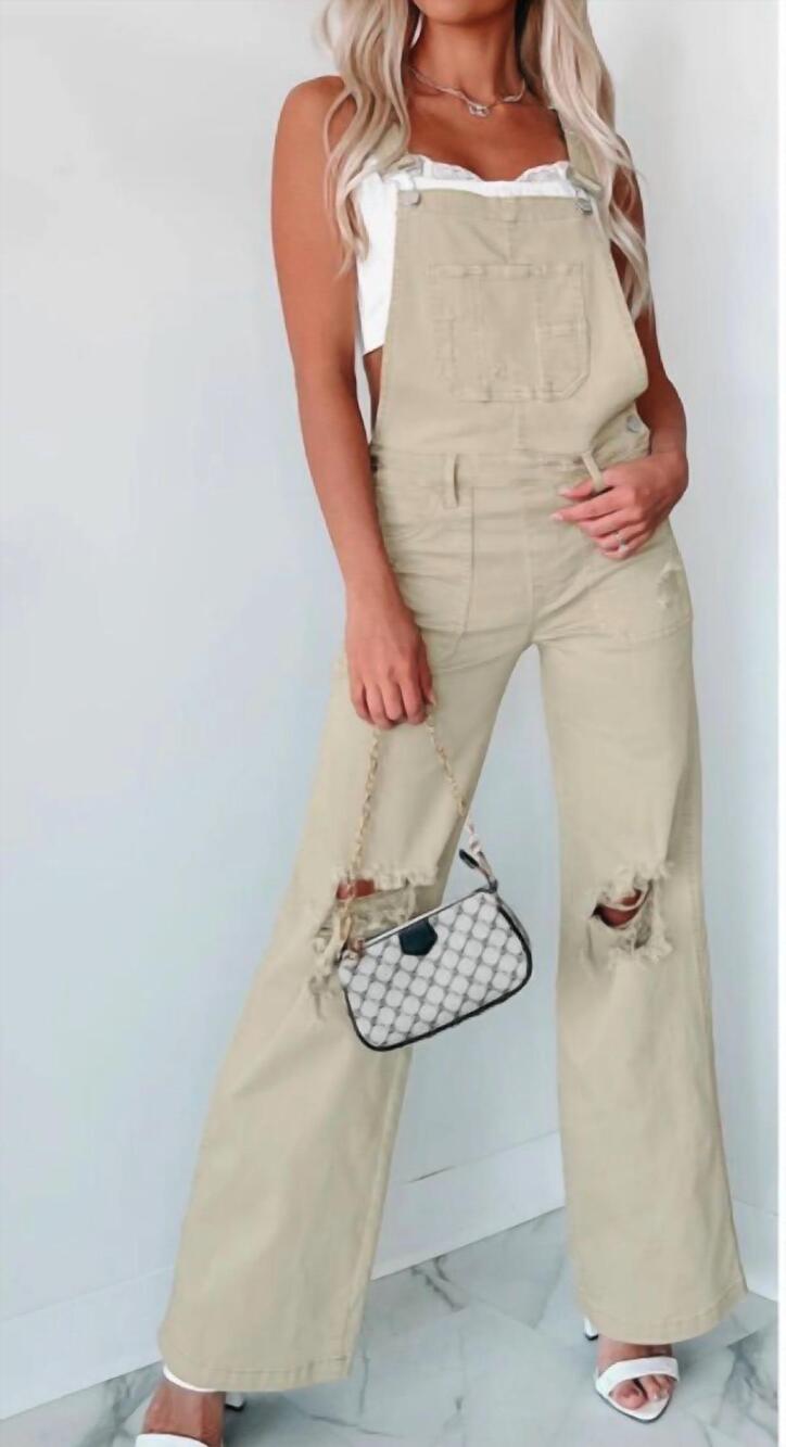 NEW RISEN distressed denim wide leg overalls in beige